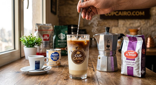 "How to make Iced Spanish Latte at home", "اسبانش لاتيه بارد", "Best coffee for iced latte Egypt"